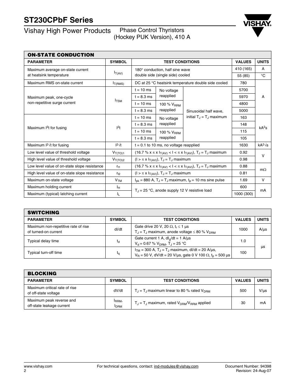 St230cpbf series, Vishay high power products, On-state conduction | Switching, Blocking | C&H Technology ST230CPbF Series User Manual | Page 3 / 8