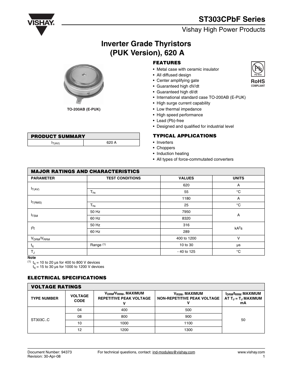 Vishay high power products, Rohs | C&H Technology ST303CPbF Series User Manual | Page 2 / 9