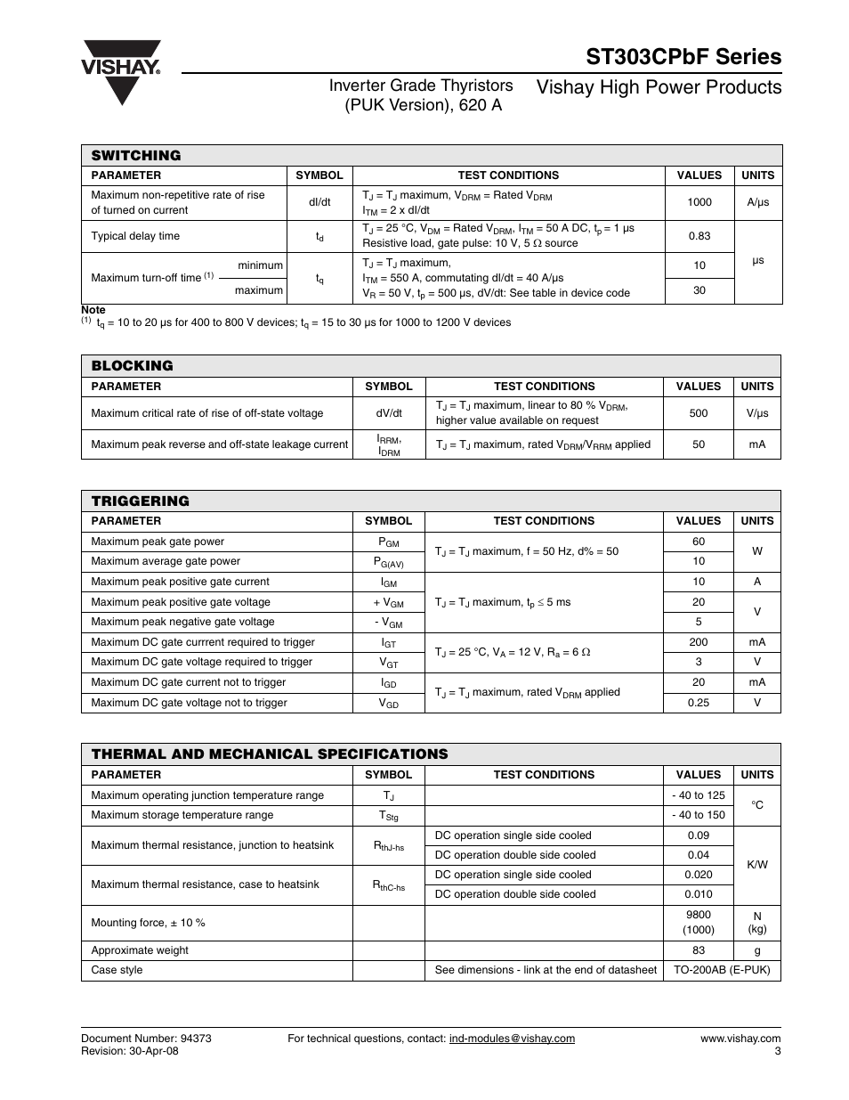 St303cpbf series, Vishay high power products, Inverter grade thyristors (puk version), 620 a | Switching, Blocking, Triggering, Thermal and mechanical specifications | C&H Technology ST303CPbF Series User Manual | Page 4 / 9