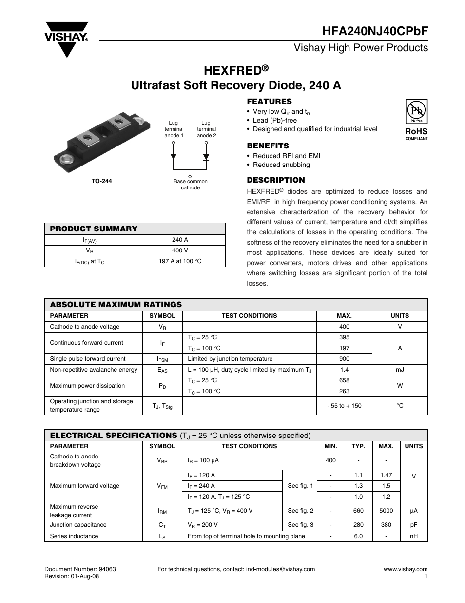 Datasheet, Hexfred, Vishay high power products | Rohs | C&H Technology HFA240NJ40CPbF User Manual | Page 2 / 8