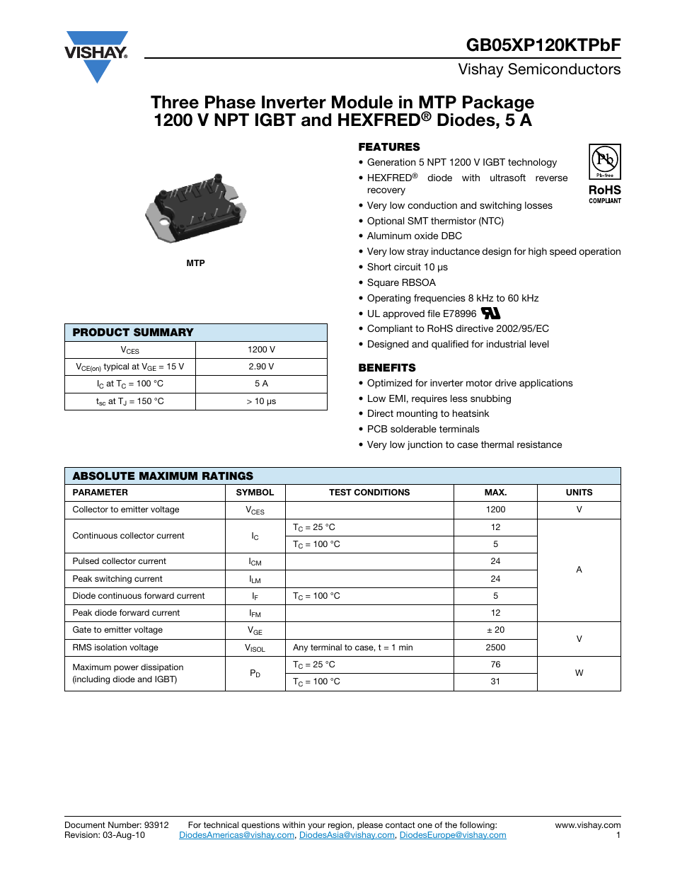 Vishay semiconductors | C&H Technology GB05XP120KTPbF User Manual | Page 2 / 11