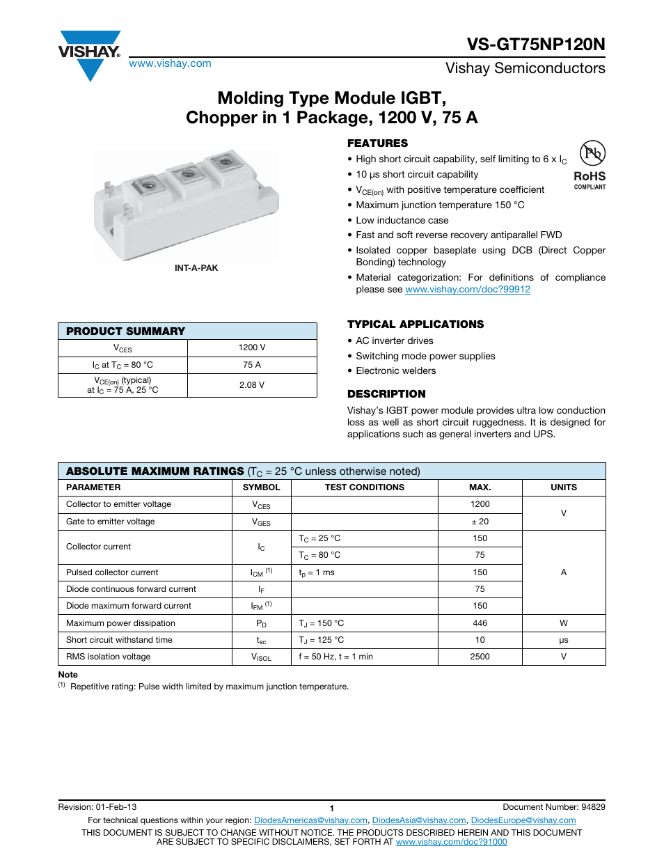 Vishay semiconductors | C&H Technology VS-GT75NP120N User Manual | Page 2 / 7