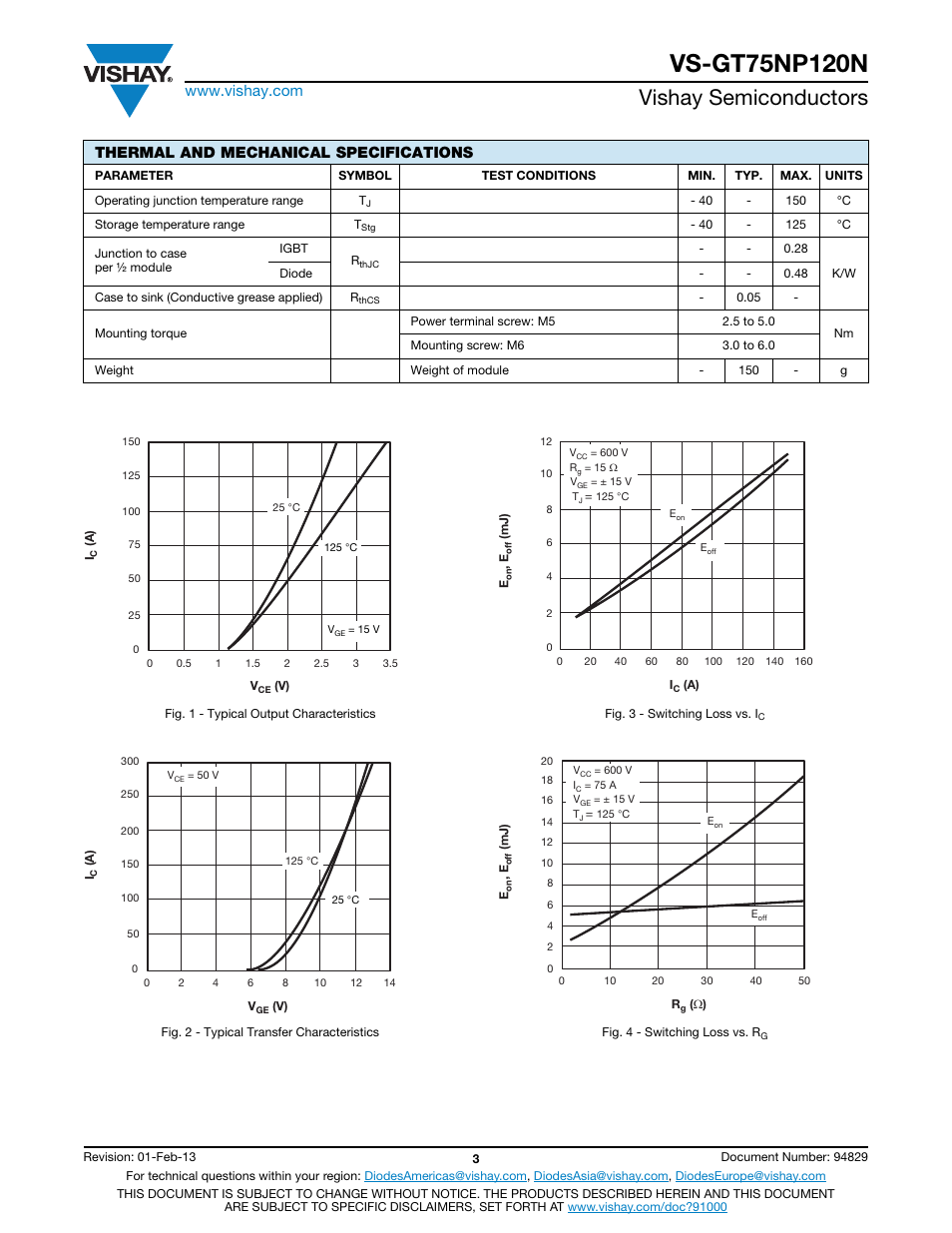 Vishay semiconductors, Thermal and mechanical specifications | C&H Technology VS-GT75NP120N User Manual | Page 4 / 7