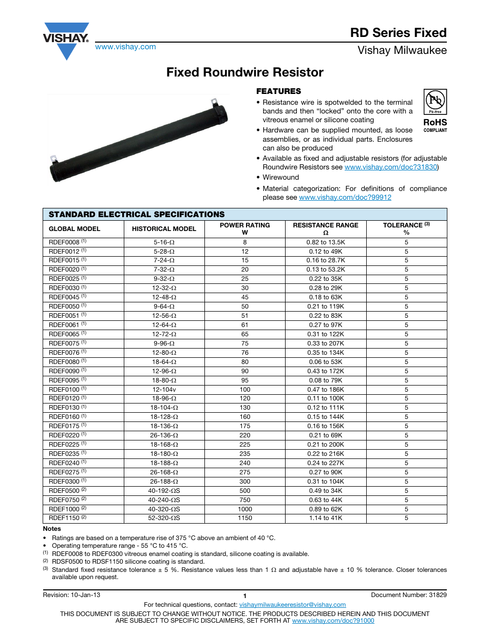 Rd series fixed, Fixed roundwire resistor, Vishay milwaukee | C&H Technology RD Series Fixed User Manual | Page 2 / 5