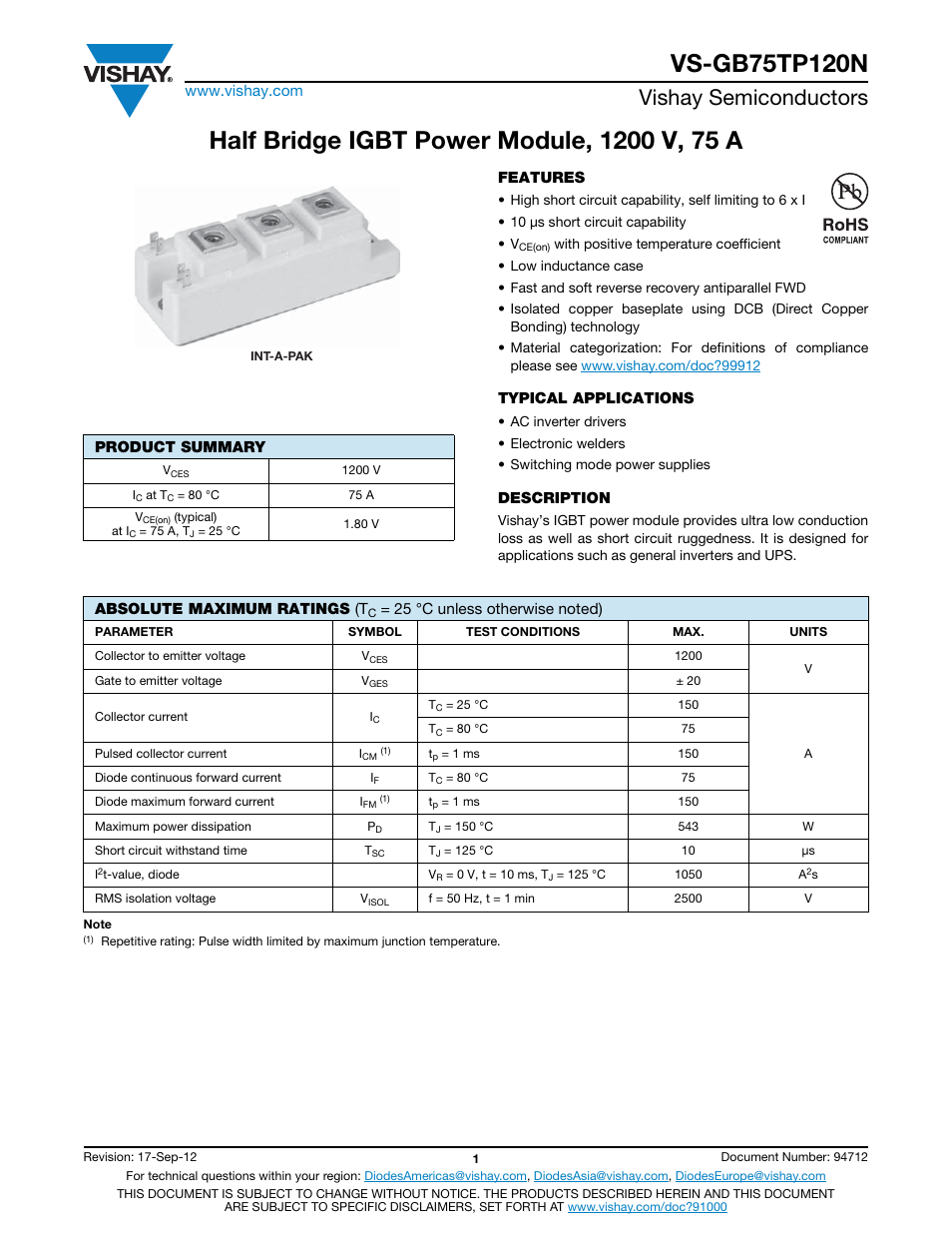 Vishay semiconductors | C&H Technology VS-GB75TP120N User Manual | Page 2 / 7