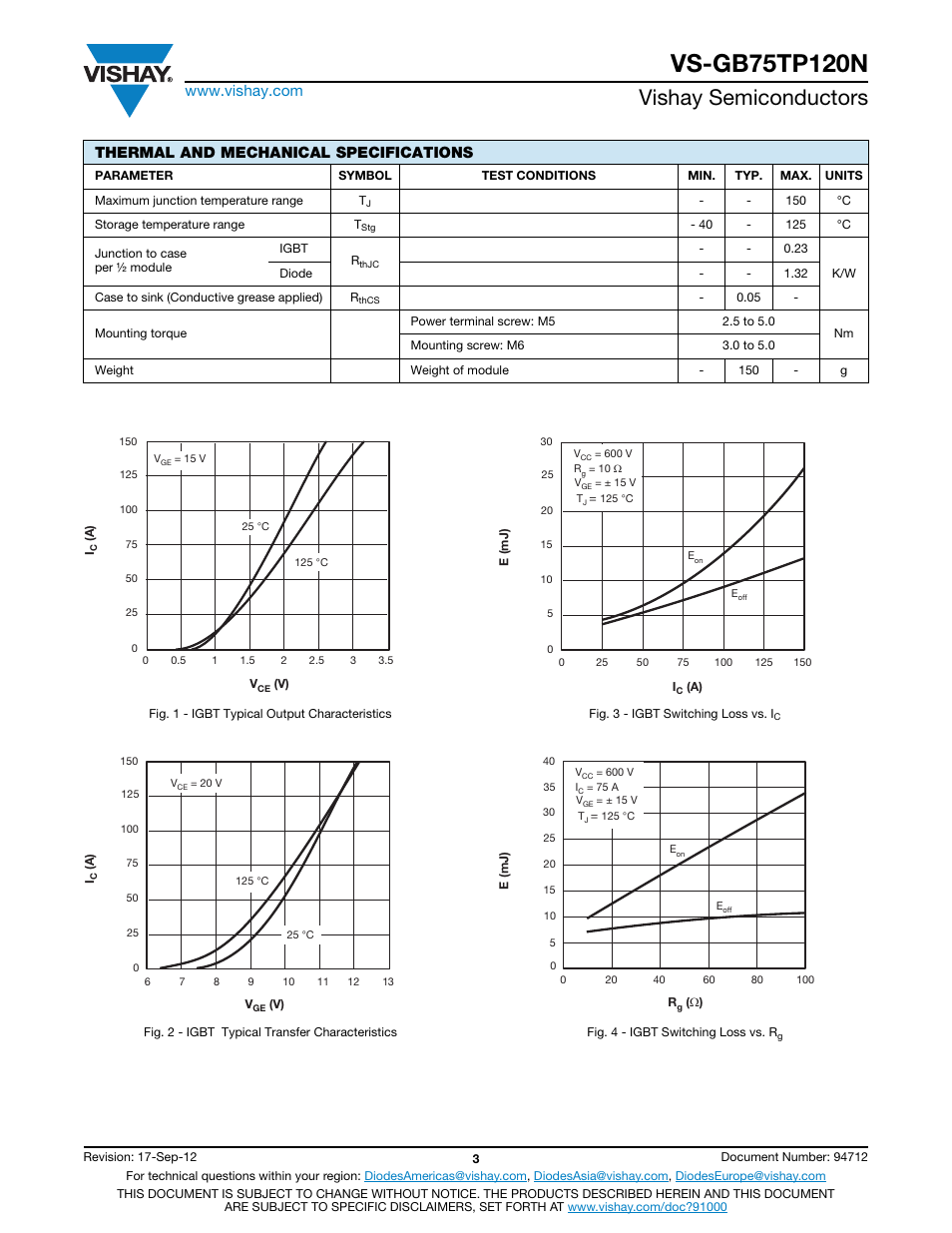 Vishay semiconductors, Thermal and mechanical specifications | C&H Technology VS-GB75TP120N User Manual | Page 4 / 7