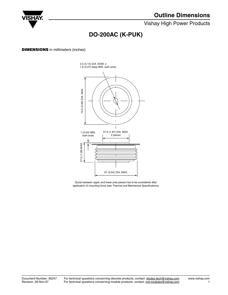 Do-200ac (k-puk) outline dimensions, Vishay high power products | C&H Technology SD2500C..K Series User Manual | Page 7 / 8