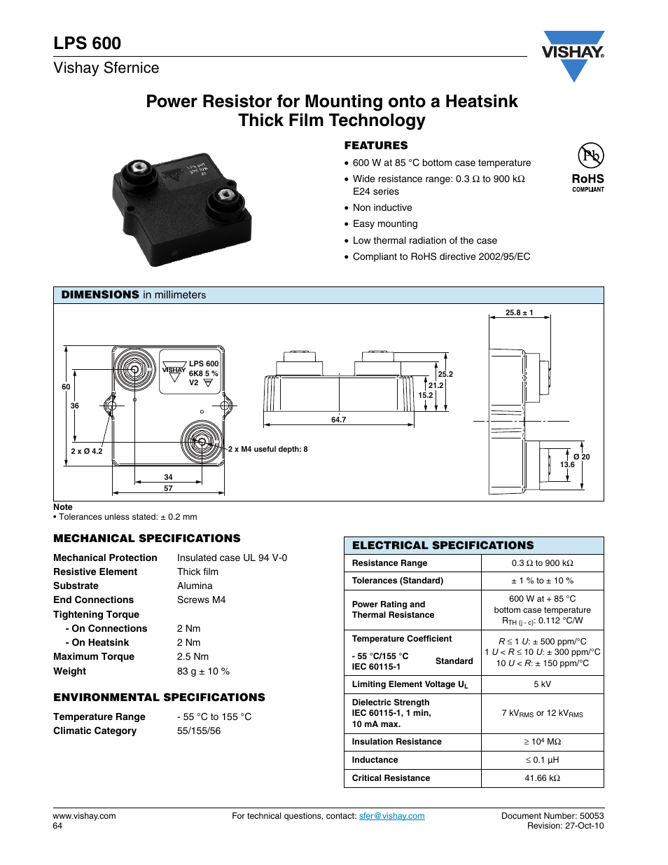 Lps 600, Vishay sfernice | C&H Technology LPS600 User Manual | Page 2 / 5