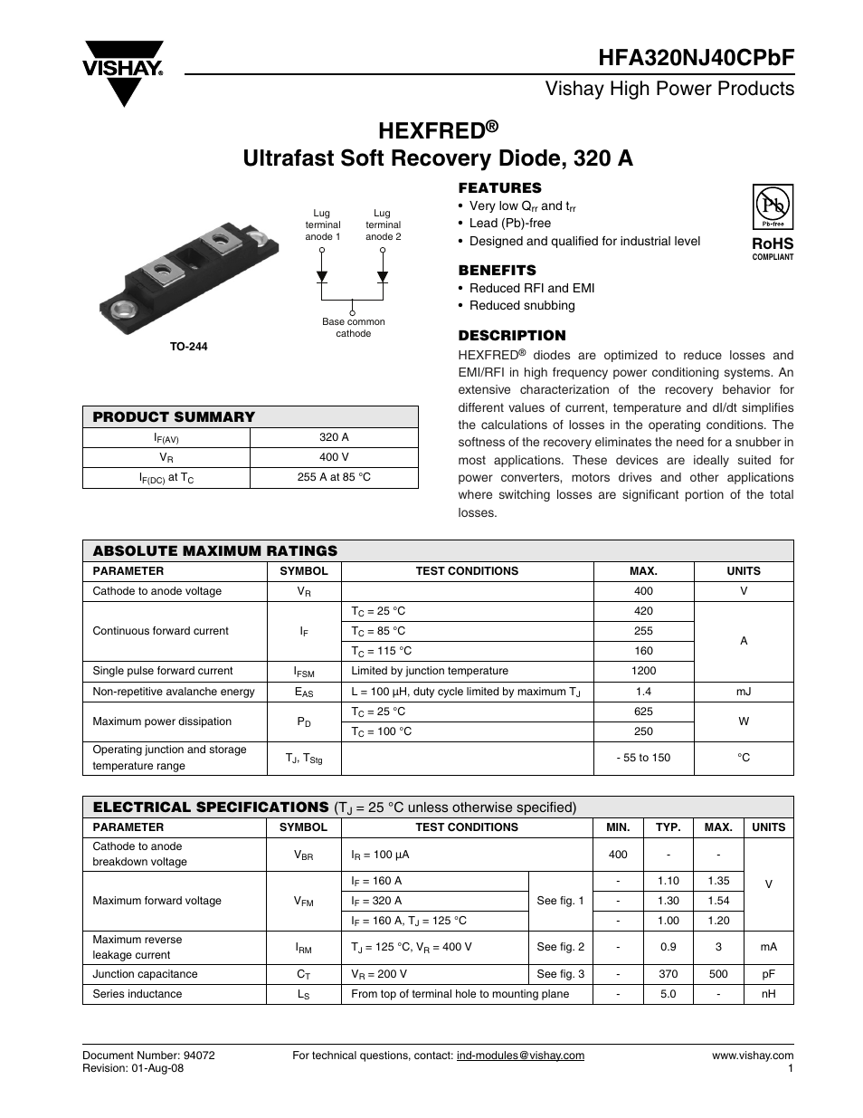 Datasheet, Hexfred, Vishay high power products | Rohs | C&H Technology HFA320NJ40CPbF User Manual | Page 2 / 8