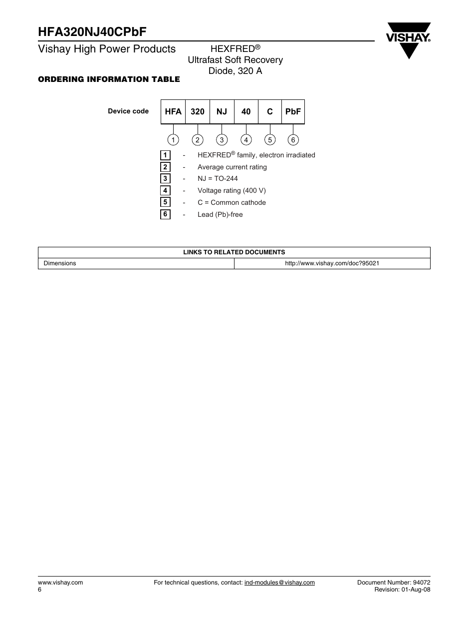 Vishay high power products, Hexfred, Ultrafast soft recovery diode, 320 a | C&H Technology HFA320NJ40CPbF User Manual | Page 7 / 8