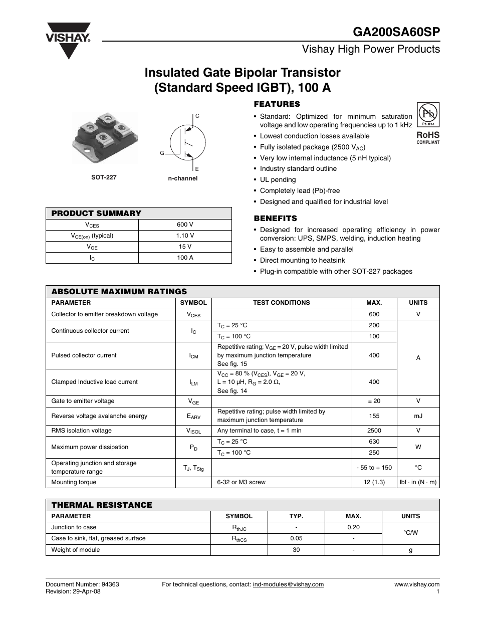 Datasheet, Vishay high power products, Rohs | C&H Technology GA200SA60SP User Manual | Page 2 / 8