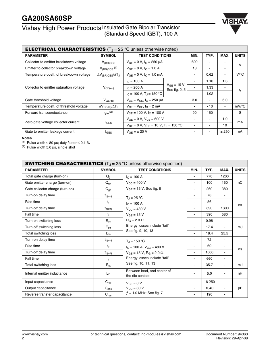 Vishay high power products, Electrical characteristics (t, Switching characteristics (t | 25 °c unless otherwise specified) | C&H Technology GA200SA60SP User Manual | Page 3 / 8