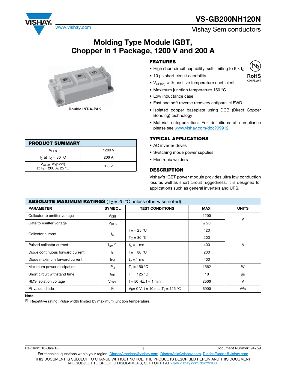 Vishay semiconductors | C&H Technology VS-GB200NH120N User Manual | Page 2 / 7