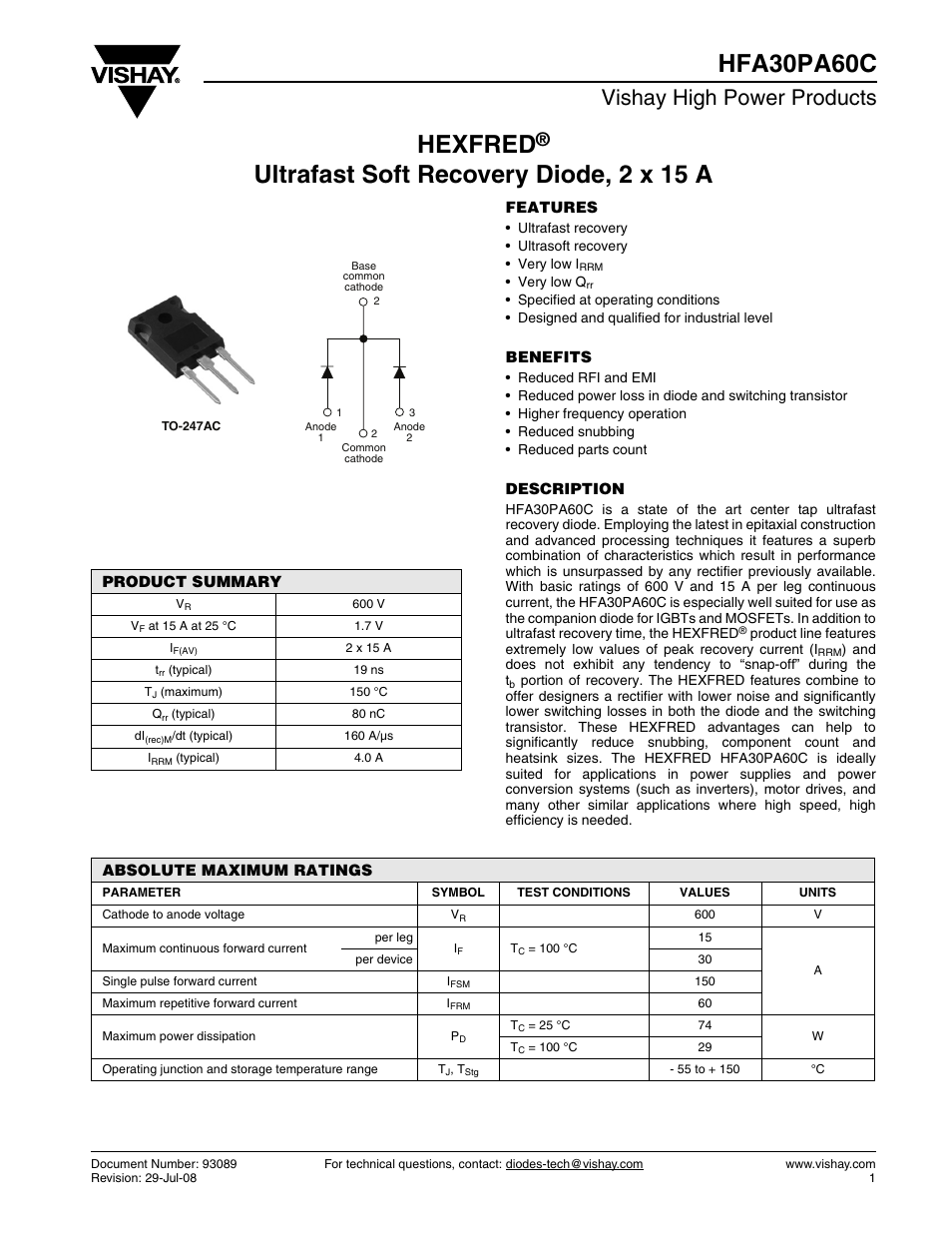 Vishay HFA30PA60C User Manual | 7 pages