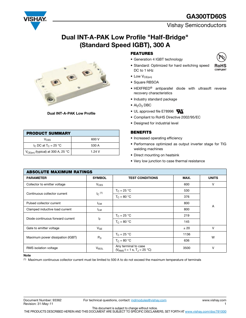 Vishay semiconductors | C&H Technology VS-GA300TD60S User Manual | Page 2 / 9
