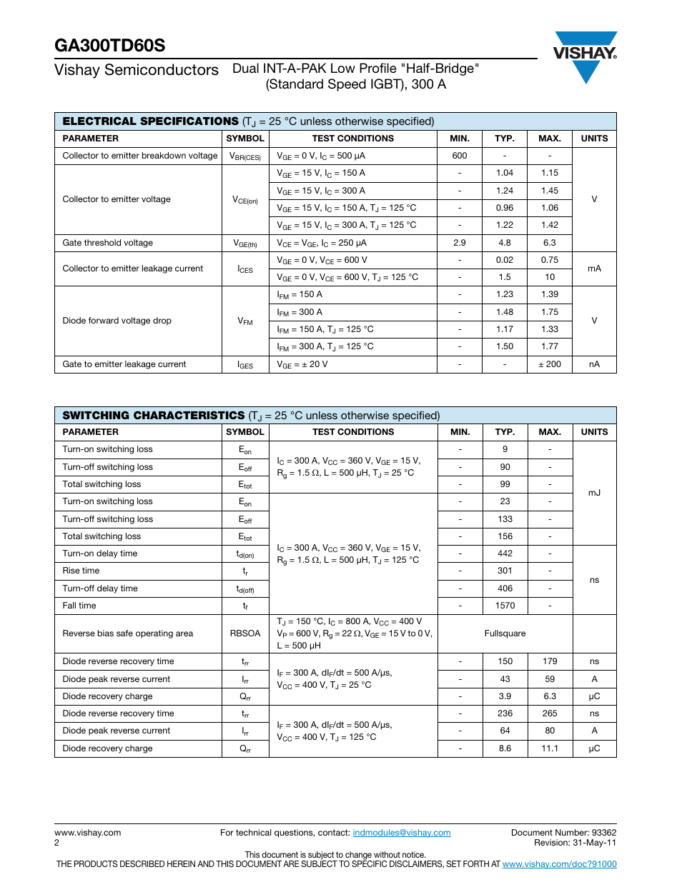 Vishay semiconductors, Electrical specifications (t, 25 °c unless otherwise specified) | Switching characteristics (t | C&H Technology VS-GA300TD60S User Manual | Page 3 / 9