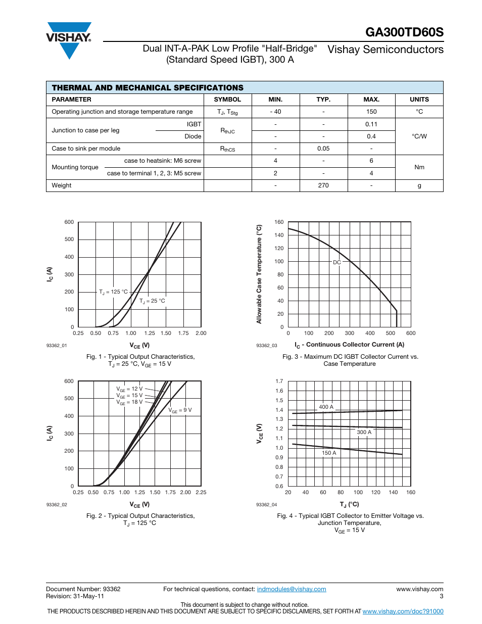 Vishay semiconductors, Thermal and mechanical specifications | C&H Technology VS-GA300TD60S User Manual | Page 4 / 9
