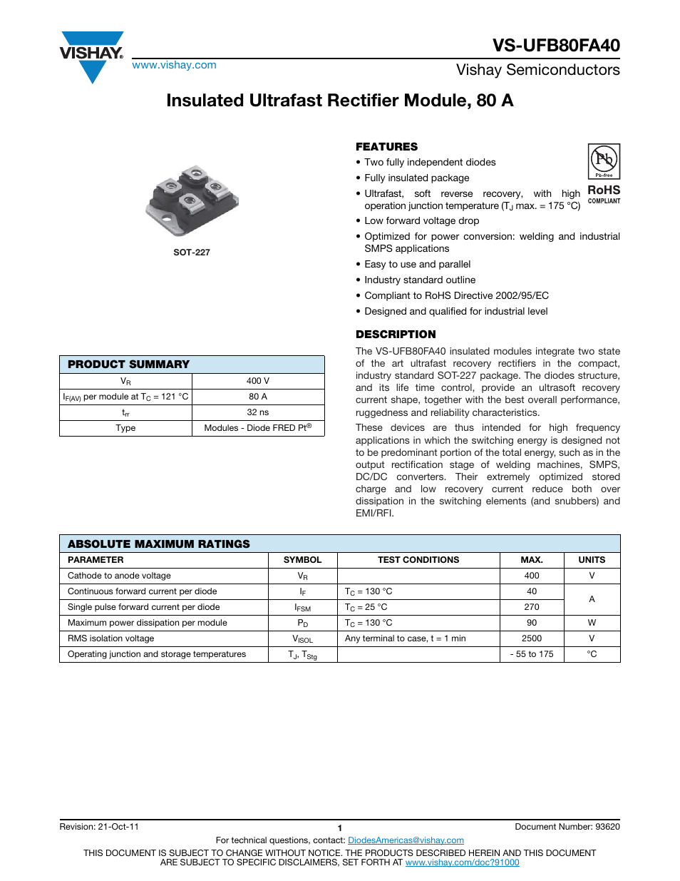 Vs-ufb80fa40, Insulated ultrafast rectifier module, 80 a, Vishay semiconductors | C&H Technology VS-UFB80FA40 User Manual | Page 2 / 8