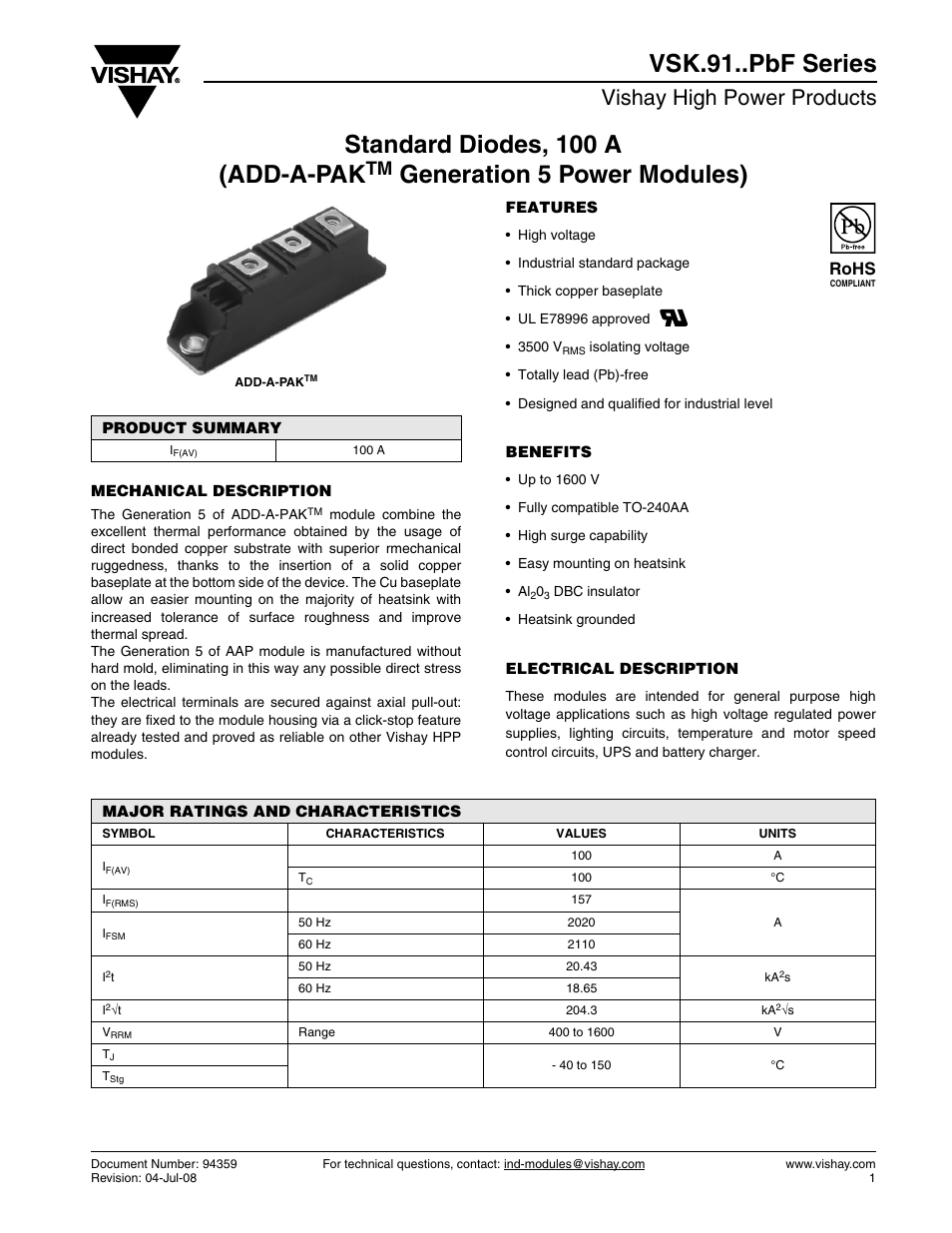 Standard diodes, 100 a (add-a-pak, Generation 5 power modules), Vsk.91..pbf series | Vishay high power products, Rohs | C&H Technology VSK.91..PbF Series User Manual | Page 2 / 9