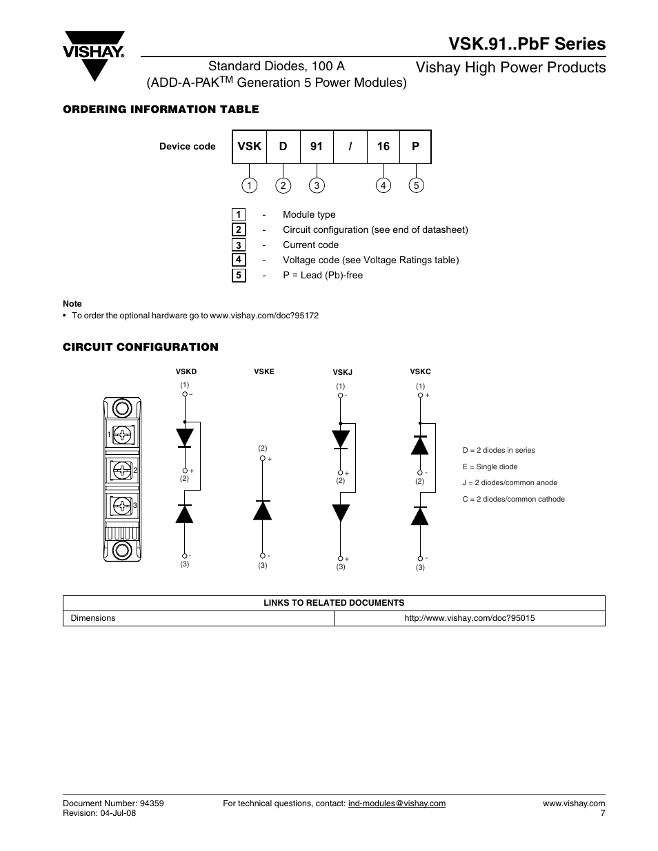 Vsk.91..pbf series, Vishay high power products, Standard diodes, 100 a (add-a-pak | Generation 5 power modules) | C&H Technology VSK.91..PbF Series User Manual | Page 8 / 9