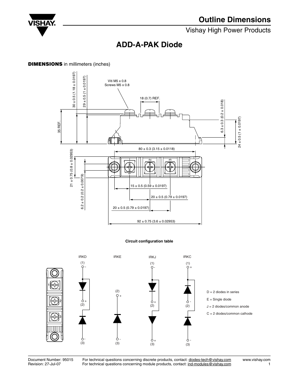 Add-a-pak diode outline dimensions, Vishay high power products, Dimensions in millimeters (inches) | C&H Technology VSK.91..PbF Series User Manual | Page 9 / 9