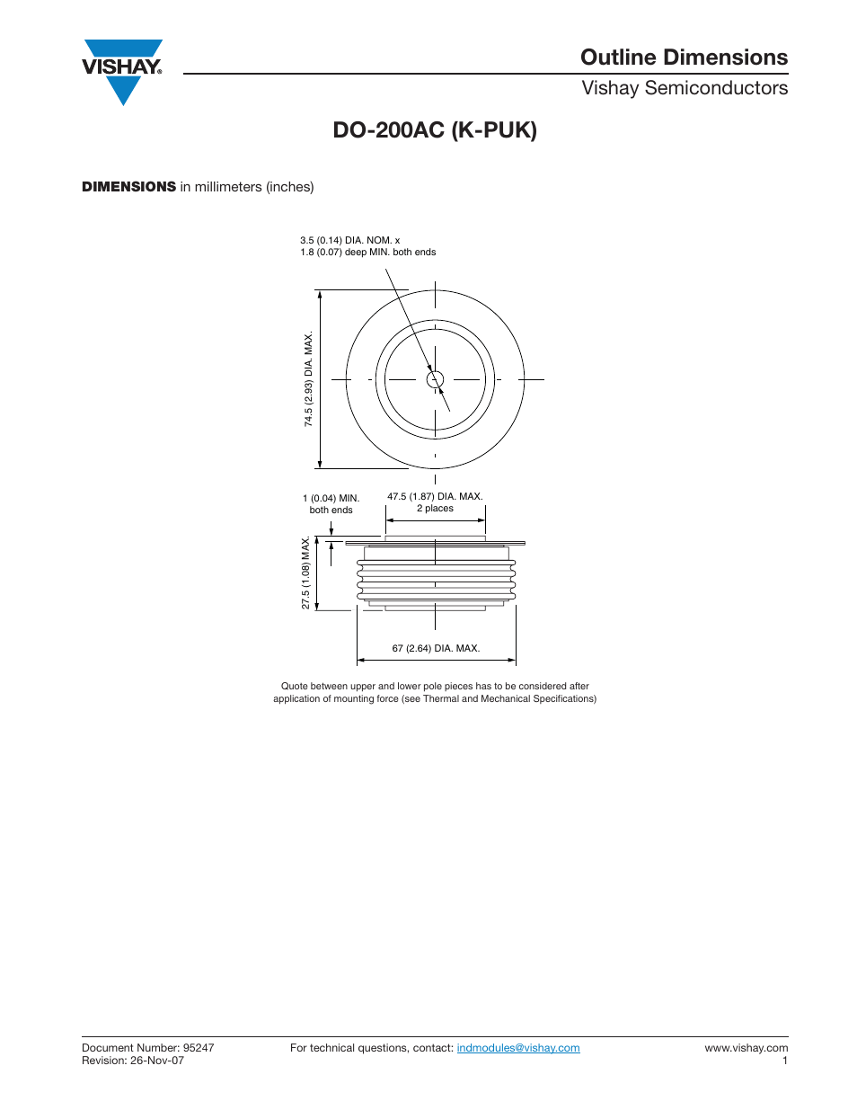 Do-200ac (k-puk) outline dimensions, Vishay semiconductors | C&H Technology SD3000C..K Series User Manual | Page 7 / 8