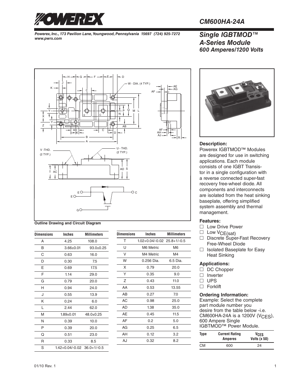 Single igbtmod™ a-series module | C&H Technology CM600HA-24A User Manual | Page 2 / 5