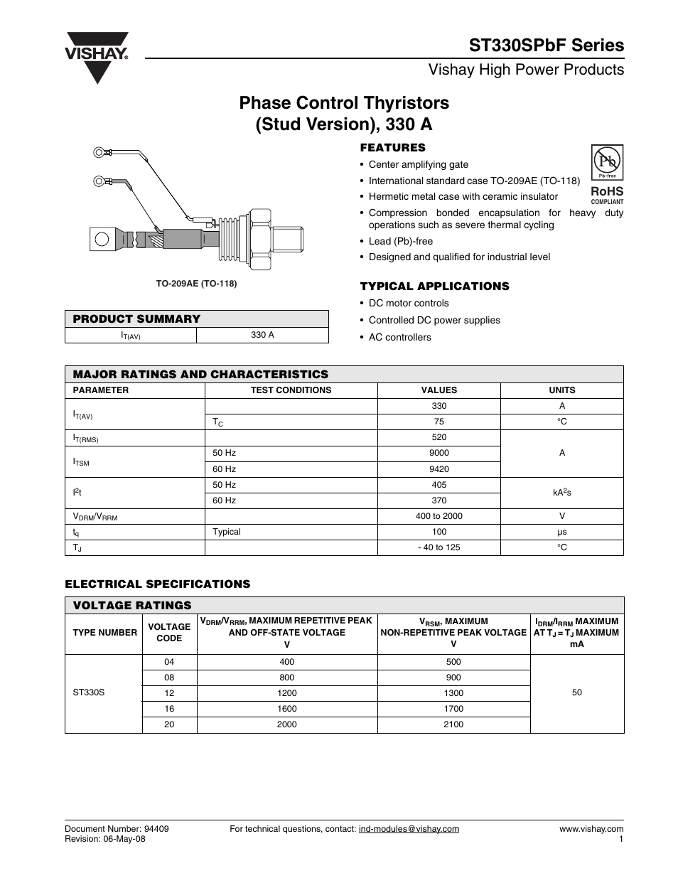 Vishay high power products, Rohs | C&H Technology ST330SPbF Series User Manual | Page 2 / 7