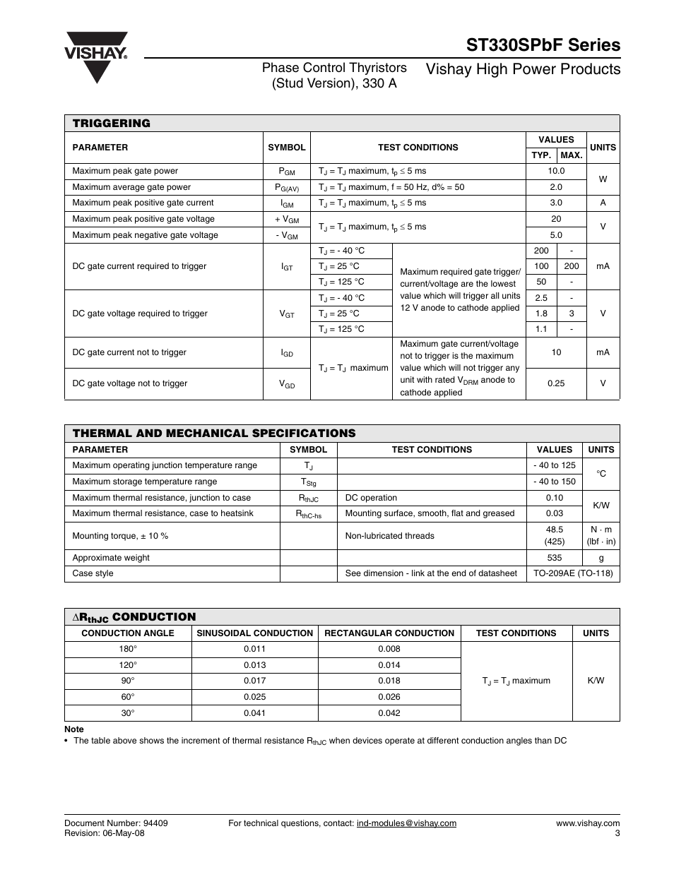 St330spbf series, Vishay high power products, Phase control thyristors (stud version), 330 a | C&H Technology ST330SPbF Series User Manual | Page 4 / 7