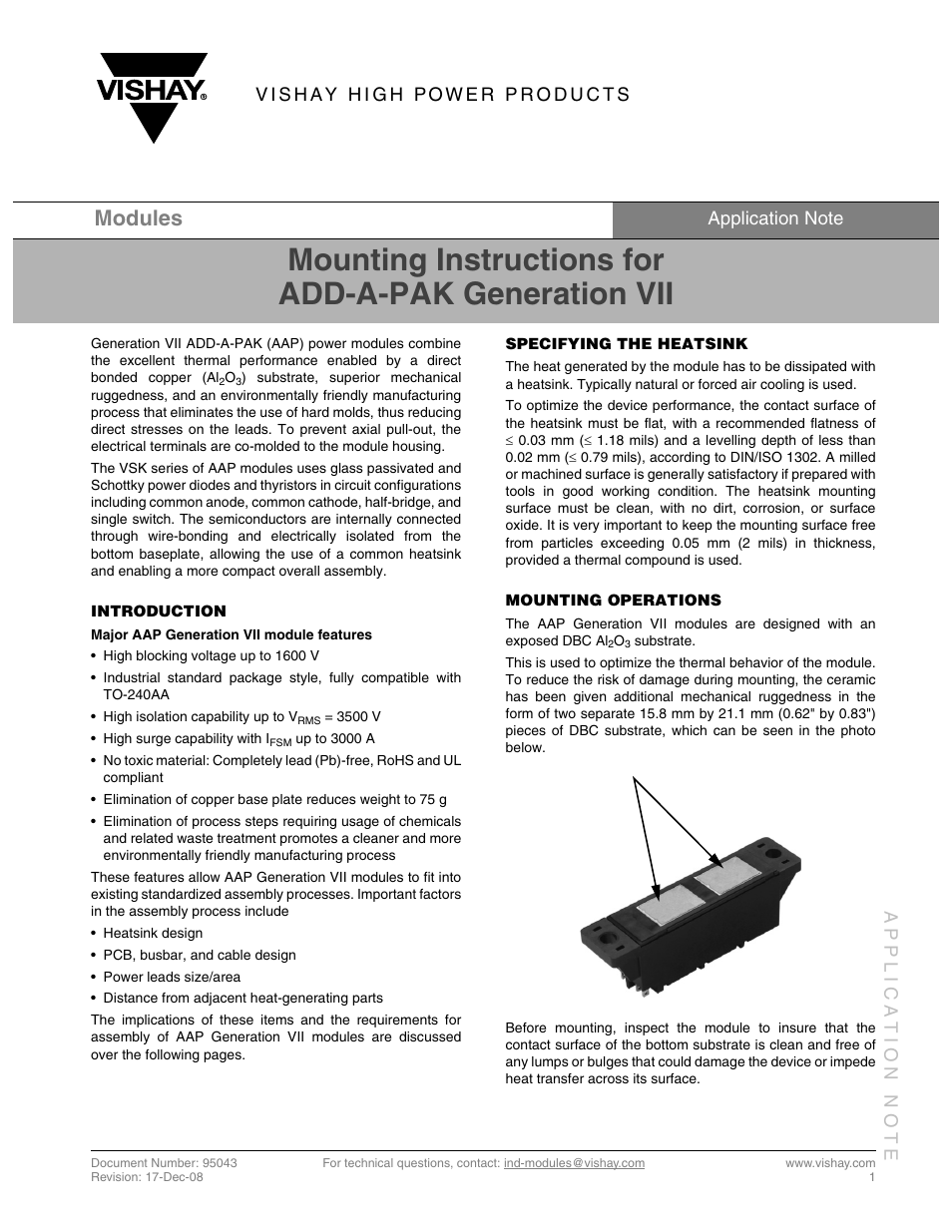 Application note - 95043, Mounting instructions for add-a-pak generation vii, Modules | C&H Technology VSKV105.. Series User Manual | Page 10 / 11