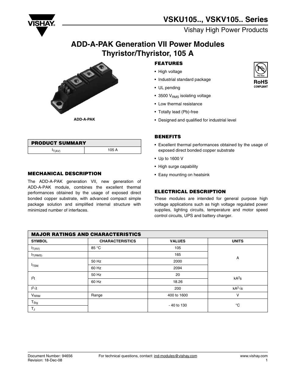 Main datasheet, Vishay high power products | C&H Technology VSKV105.. Series User Manual | Page 2 / 11