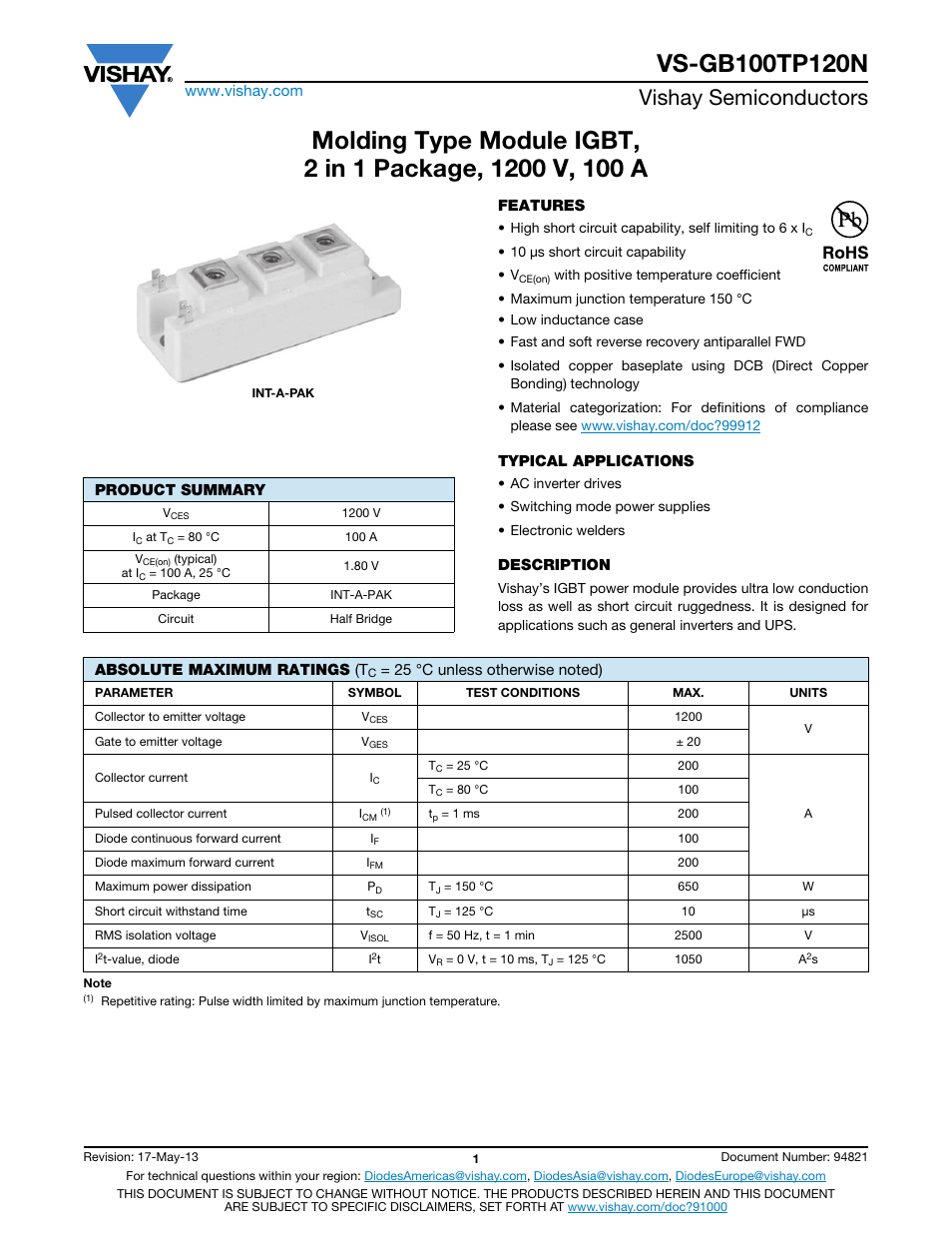 Vishay semiconductors | C&H Technology VS-GB100TP120N User Manual | Page 2 / 7