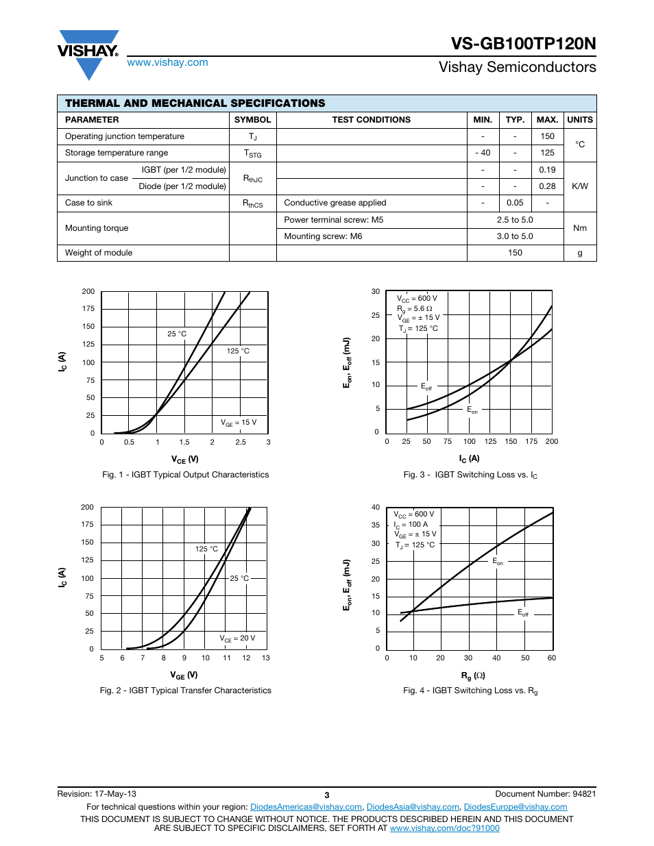 Vishay semiconductors, Thermal and mechanical specifications | C&H Technology VS-GB100TP120N User Manual | Page 4 / 7