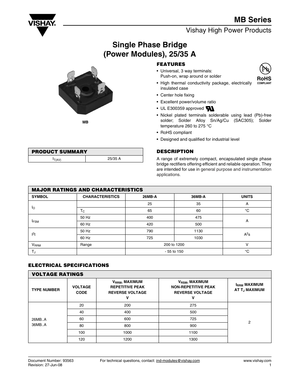 Datasheet, Vishay high power products, Rohs | C&H Technology 36MB Series User Manual | Page 2 / 7