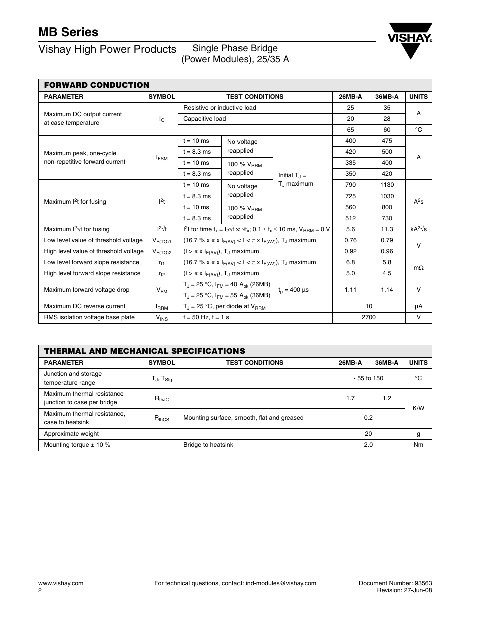 Mb series, Vishay high power products, Single phase bridge (power modules), 25/35 a | C&H Technology 36MB Series User Manual | Page 3 / 7