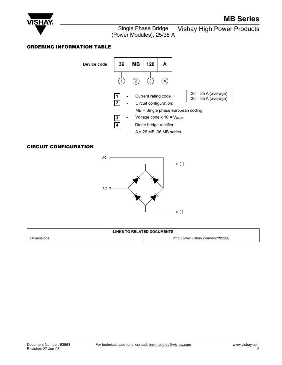 Mb series, Vishay high power products, Single phase bridge (power modules), 25/35 a | C&H Technology 36MB Series User Manual | Page 6 / 7