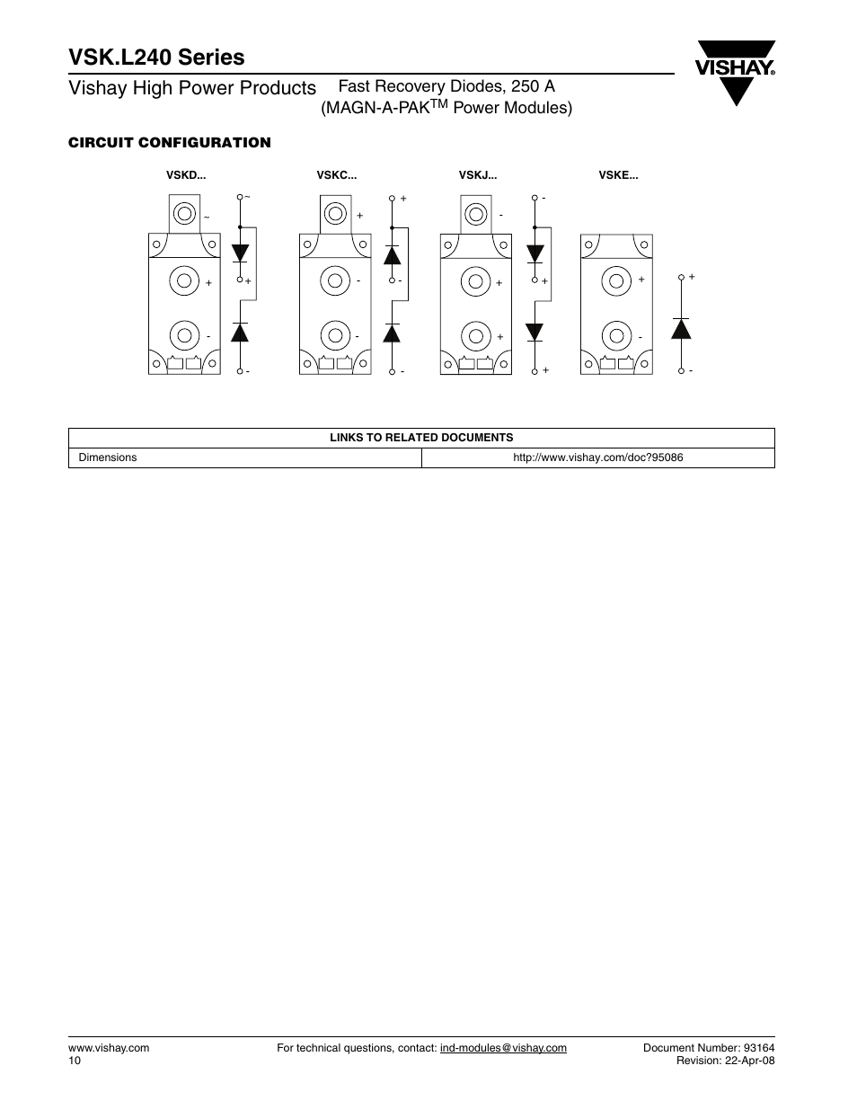 Vsk.l240 series, Vishay high power products, Fast recovery diodes, 250 a (magn-a-pak | Power modules) | C&H Technology VSK.L240 Series User Manual | Page 11 / 13