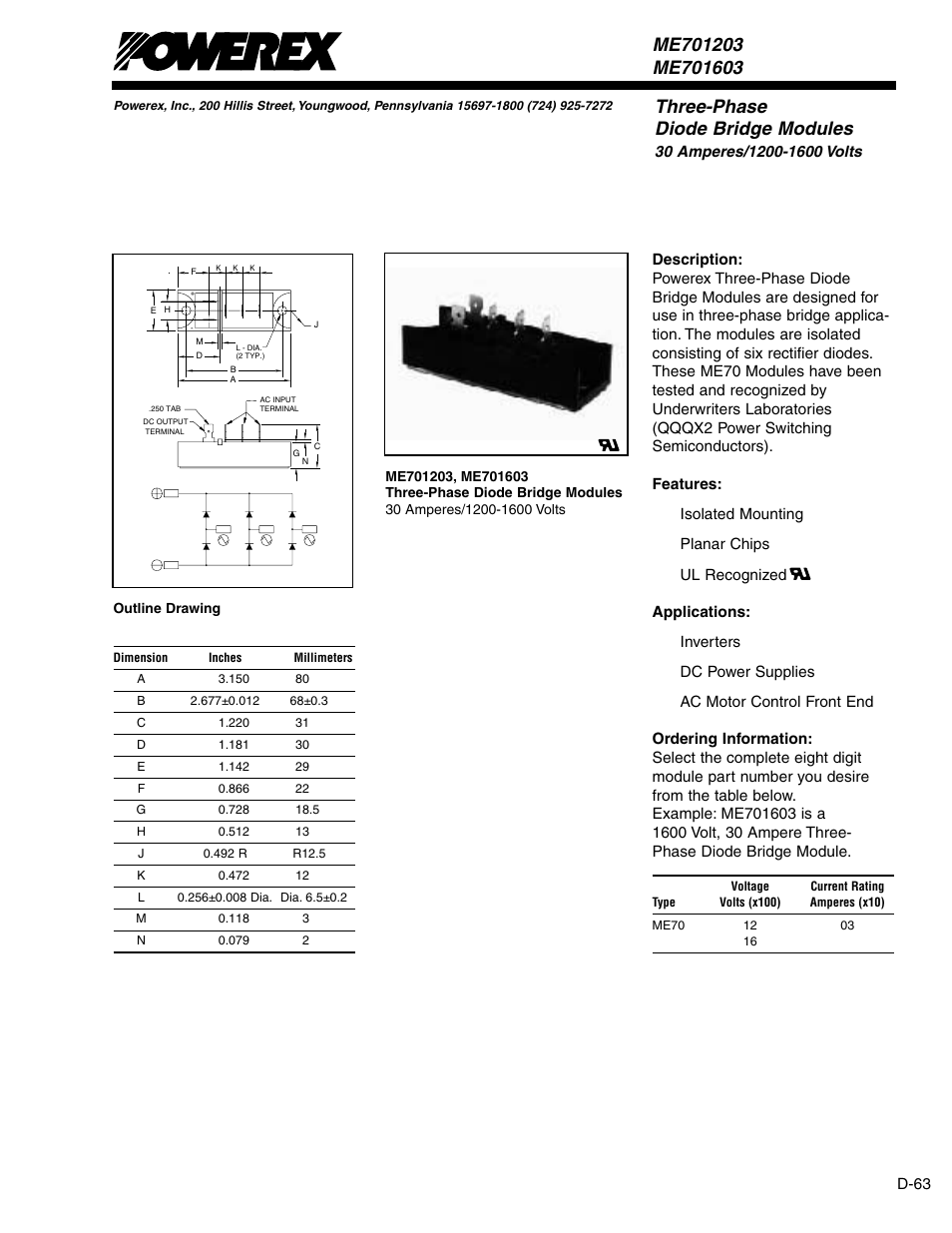 Three-phase diode bridge modules | C&H Technology ME701603 User Manual | Page 2 / 5