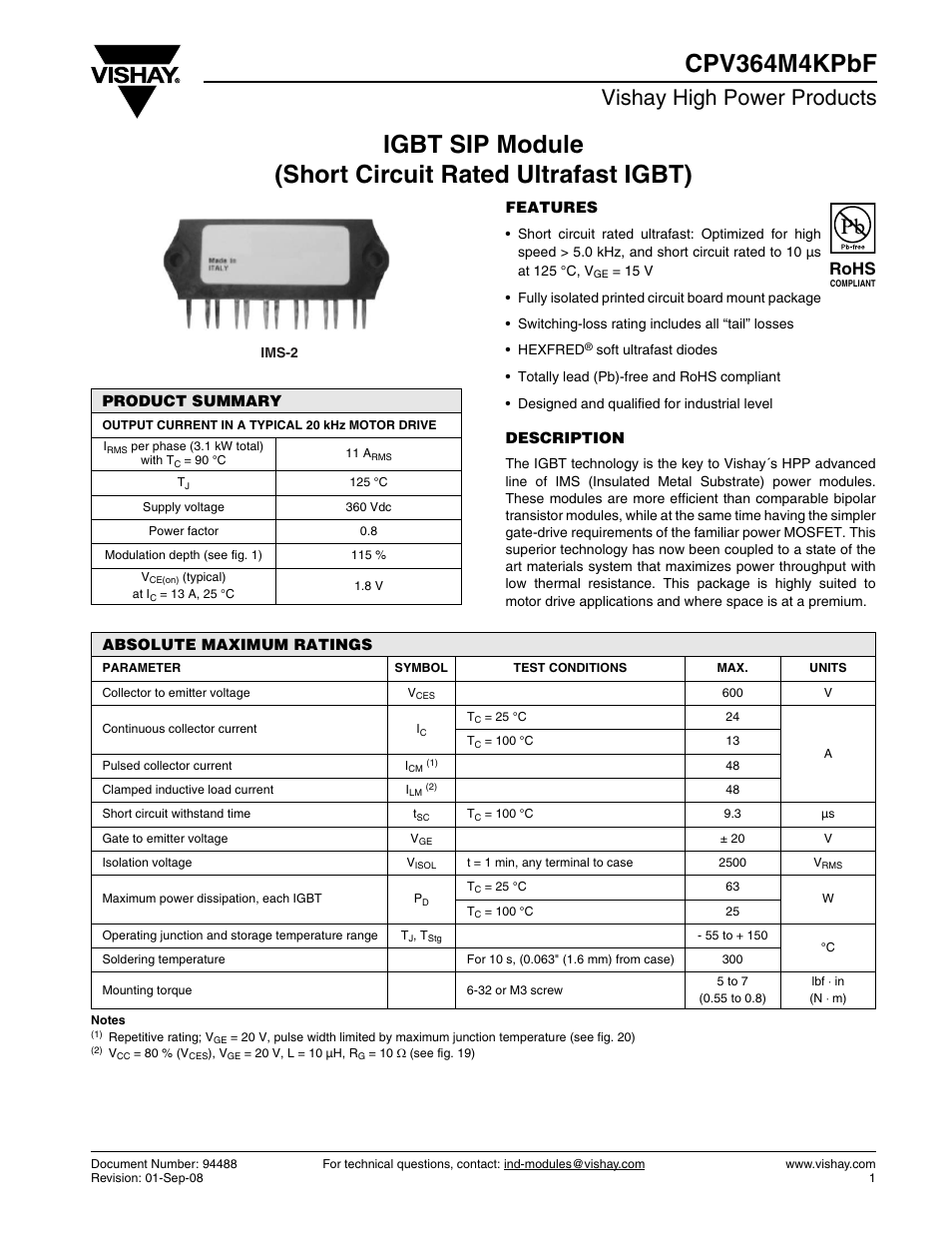 Datasheet, Vishay high power products, Rohs | C&H Technology CPV364M4KPbF User Manual | Page 2 / 12