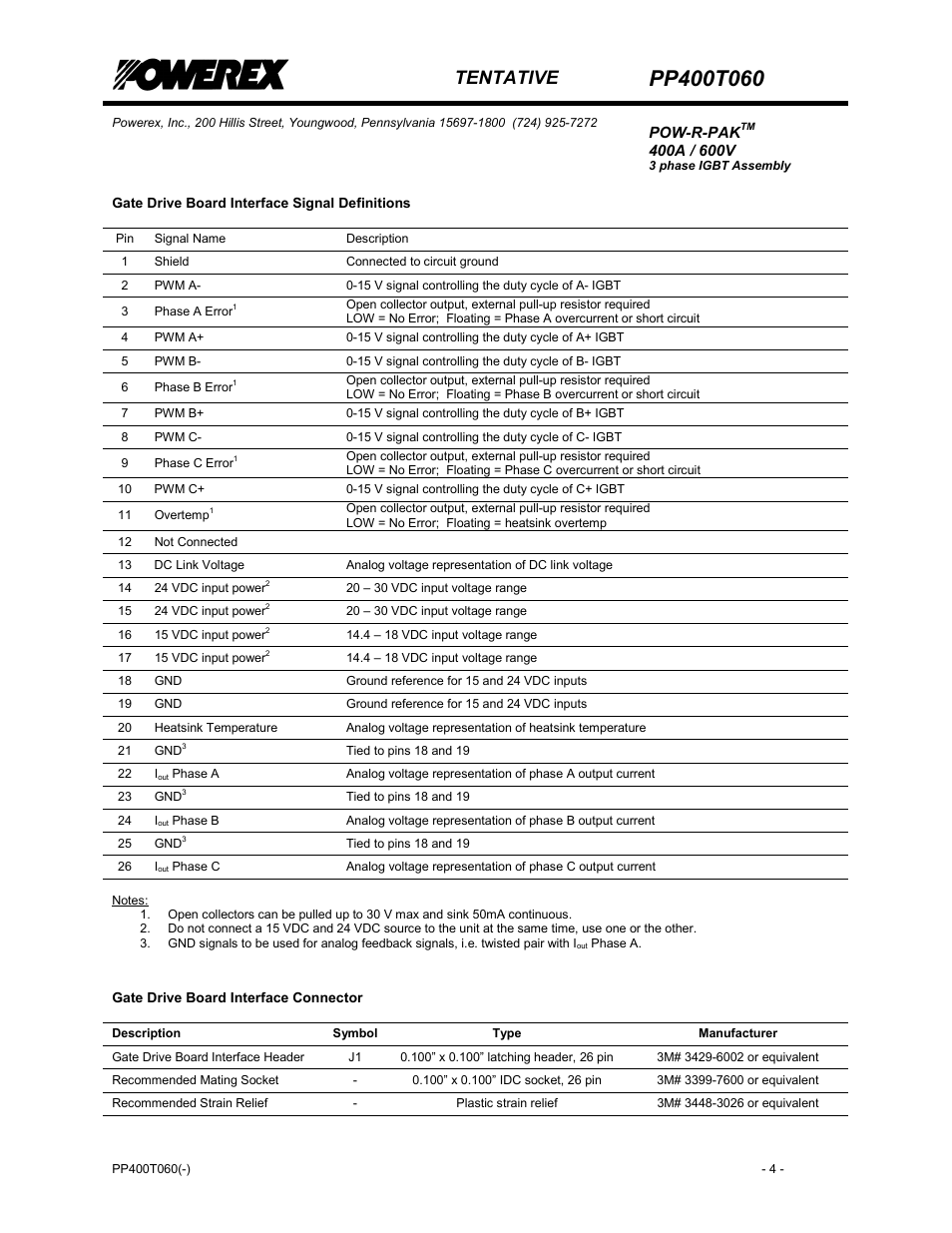 Gate drive board interface signal definitions, Tentative | C&H Technology PP400T060 User Manual | Page 5 / 8