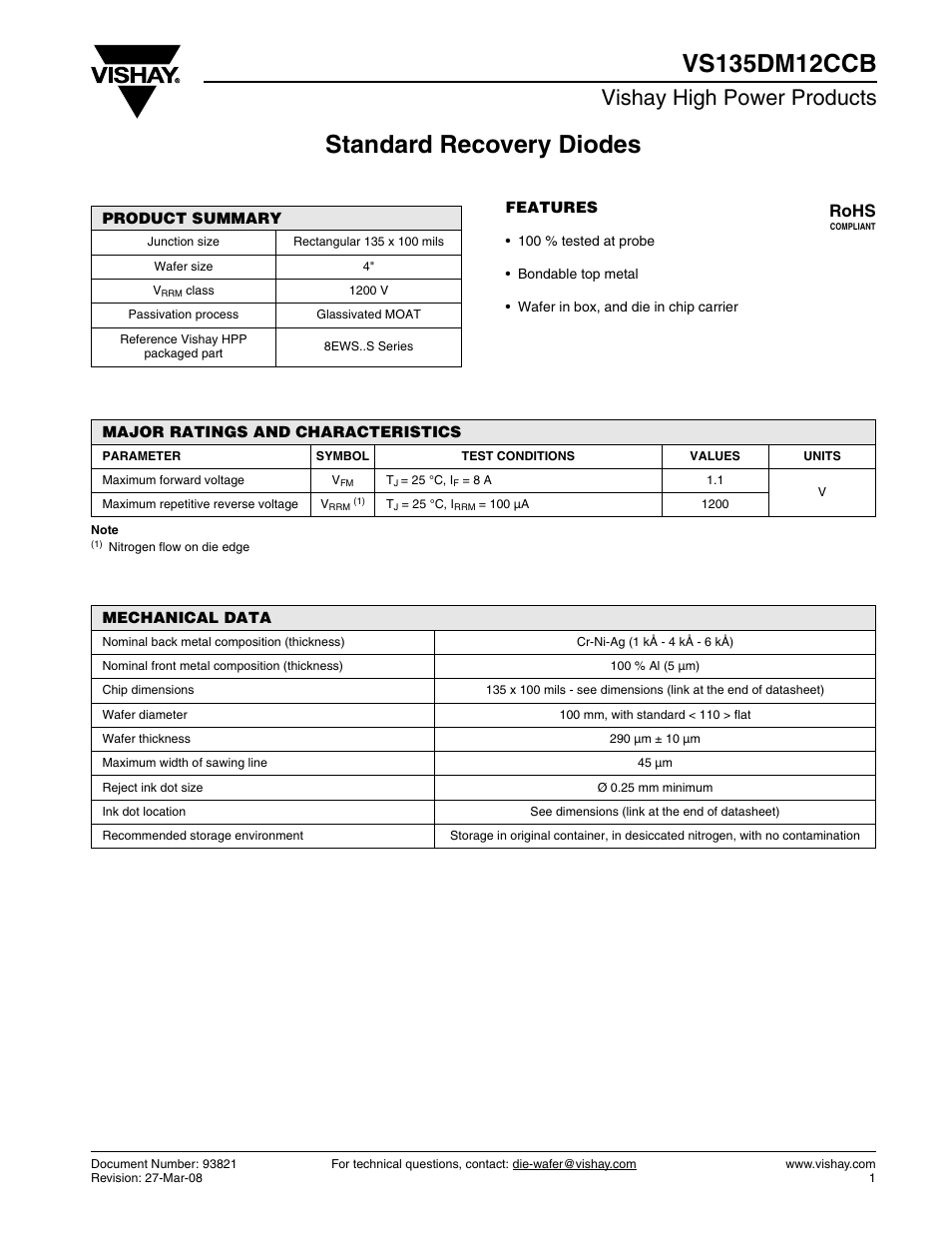 Vishay high power products, Rohs | C&H Technology VS135DM12CCB User Manual | Page 2 / 3