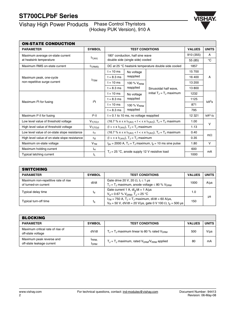 St700clpbf series, Vishay high power products, On-state conduction | Switching, Blocking | C&H Technology ST700CLPbF Series User Manual | Page 3 / 8