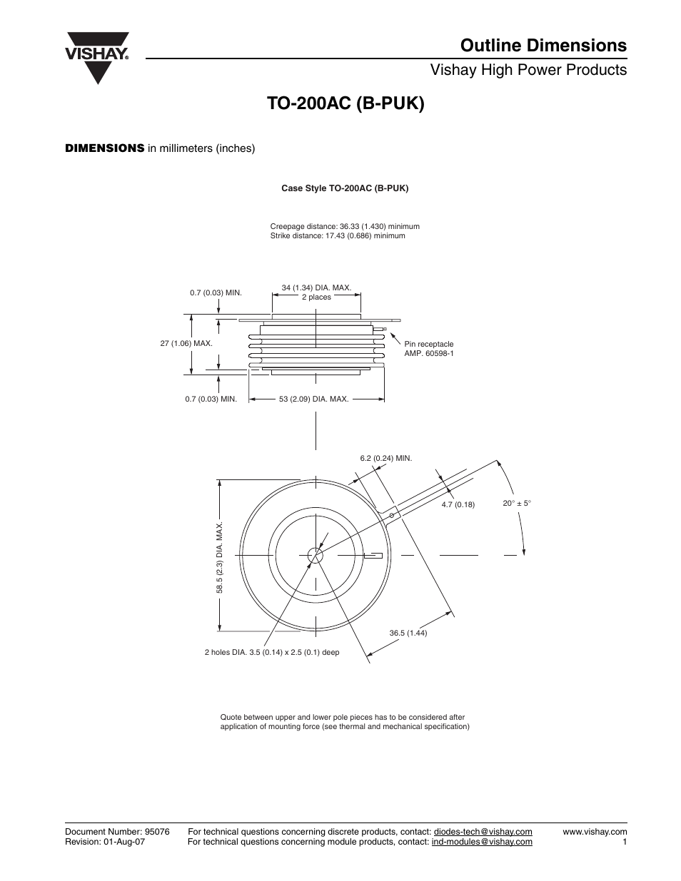 To-200ac (b-puk) outline dimensions, Vishay high power products | C&H Technology ST700CLPbF Series User Manual | Page 8 / 8