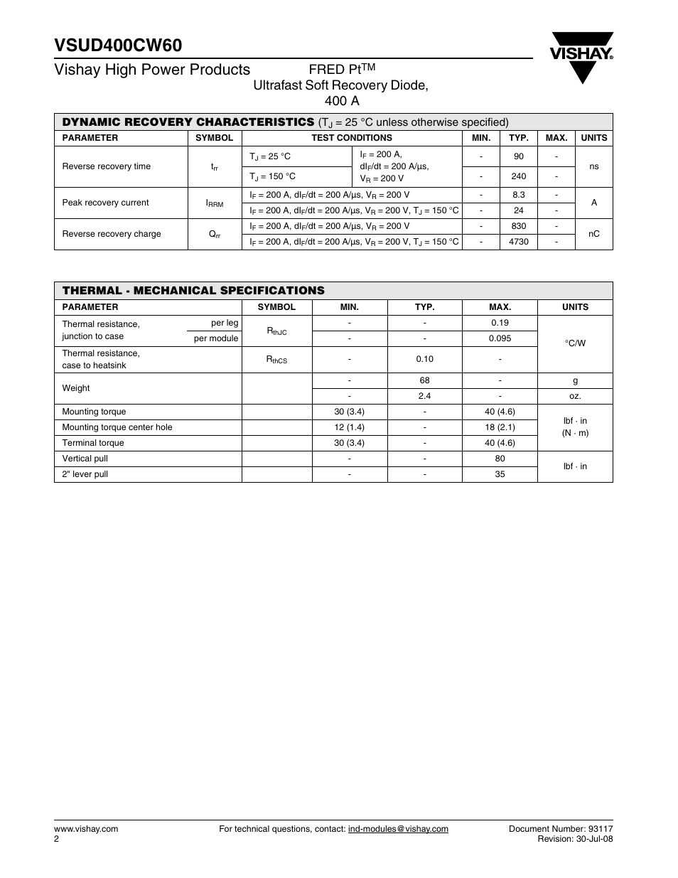 Vishay high power products, Fred pt, Ultrafast soft recovery diode, 400 a | C&H Technology VSUD400CW60 User Manual | Page 3 / 7