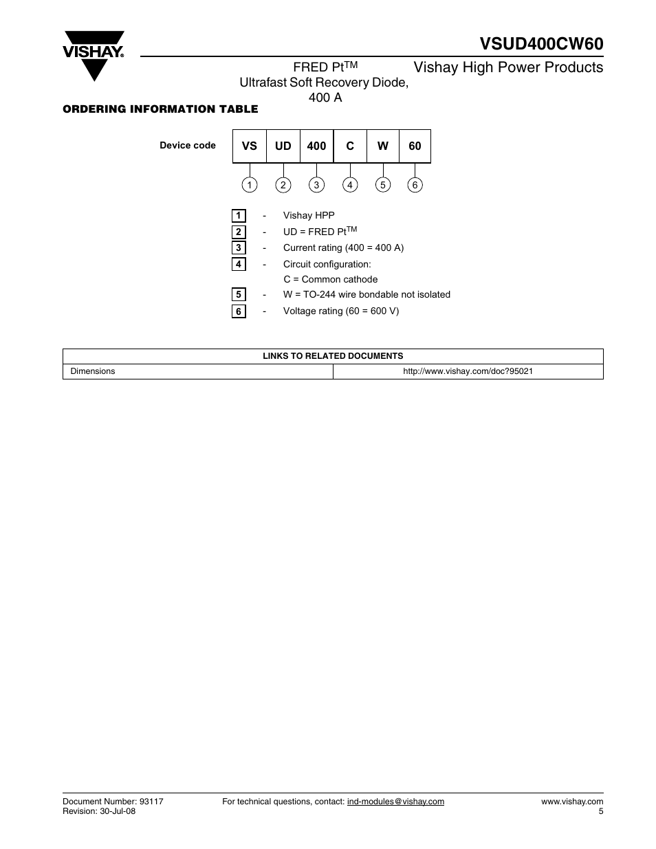 Vishay high power products, Fred pt, Ultrafast soft recovery diode, 400 a | C&H Technology VSUD400CW60 User Manual | Page 6 / 7