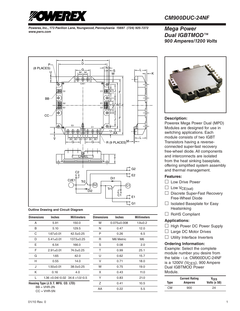 Mega power dual igbtmod | C&H Technology CM900DUC-24NF User Manual | Page 2 / 6