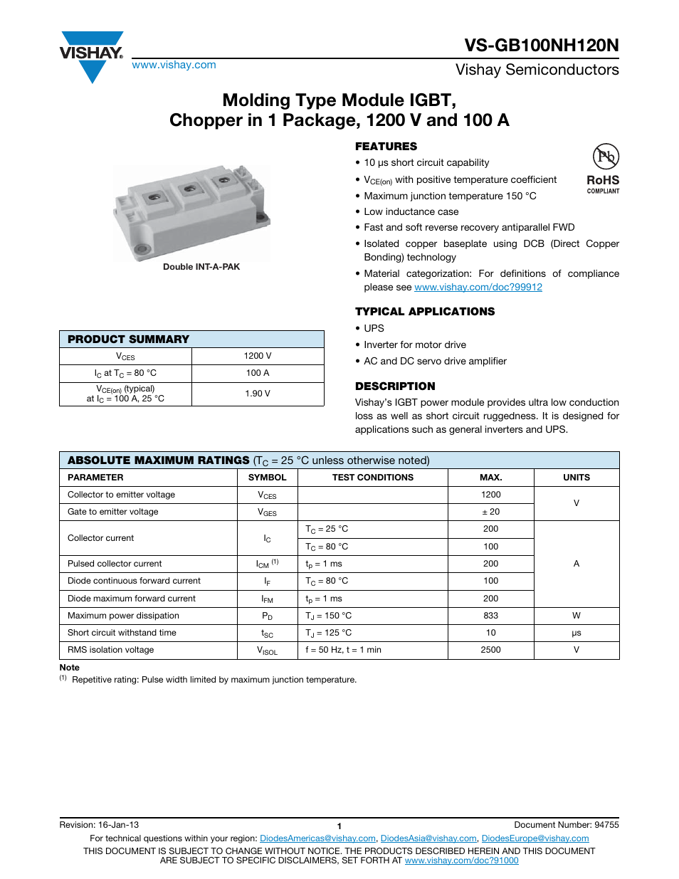 Vishay semiconductors | C&H Technology VS-GB100NH120N User Manual | Page 2 / 7