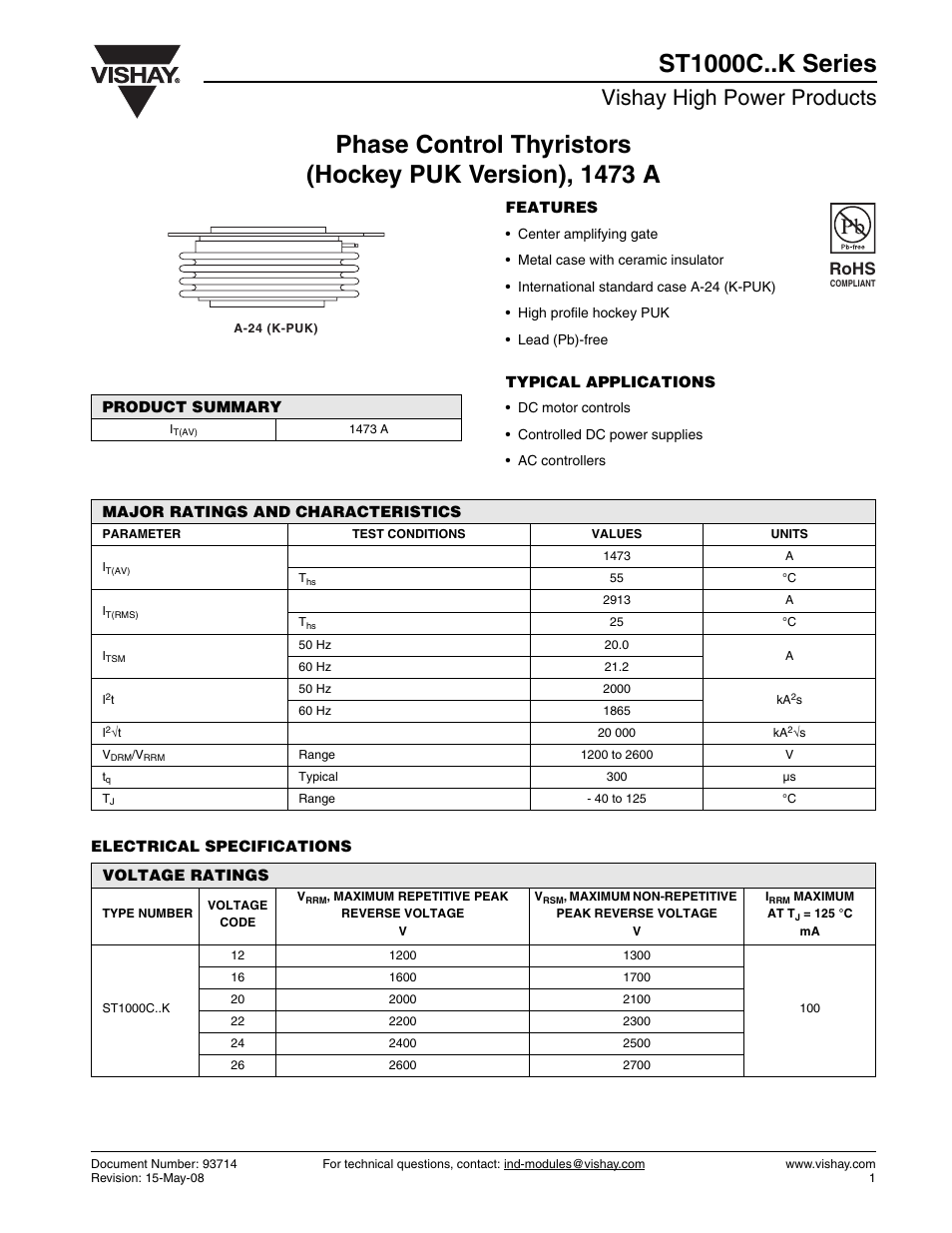 Vishay high power products, Rohs | C&H Technology ST1000C..K Series User Manual | Page 2 / 8
