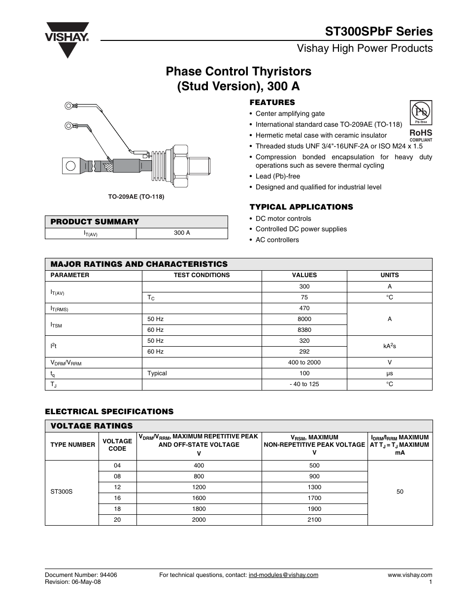 Vishay high power products, Rohs | C&H Technology ST300SPbF Series User Manual | Page 2 / 7