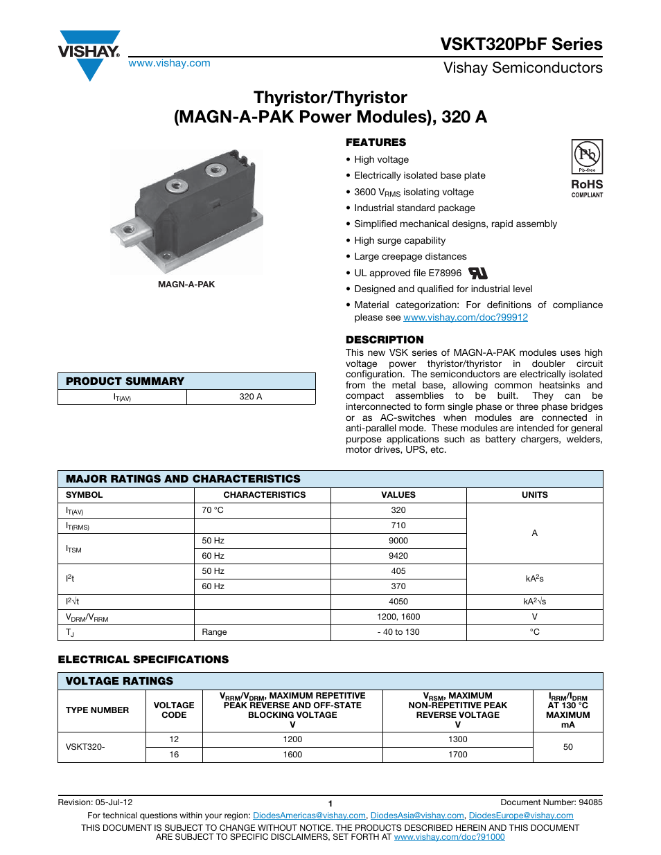 Vskt320pbf series, Vishay semiconductors | C&H Technology VSKT320PbF Series User Manual | Page 2 / 8
